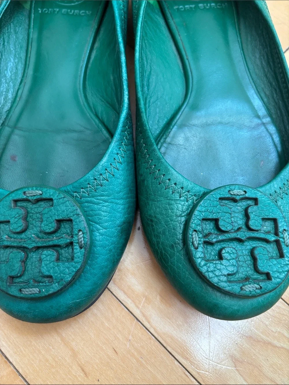 Tory Burch Pebbled Leather Green Teal Reva ballet flat stretch shoe sz6